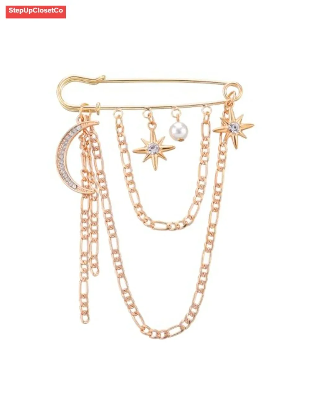 Retro Gold Safety Pin Brooch with Rhinestone Moon Star Pearl Charms Layered